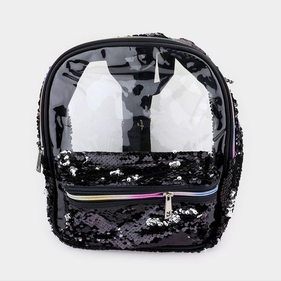 Mini Black Rainbow Zipper Clear Bling Trendy Transparent Sequins Backpack - Picture 1 of 2